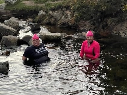 Celia Miners from Northlew, left, and friend Sharn Kent wild swimming at Meldon on Dartmoor