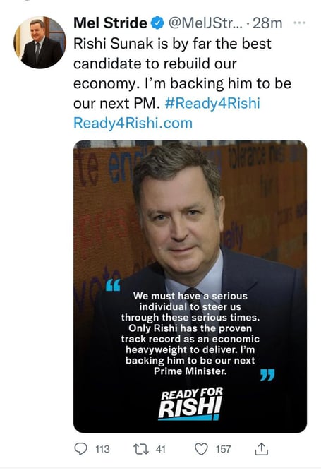 The tweet issued by Mel Stride earlier this evening, Friday, July 8.