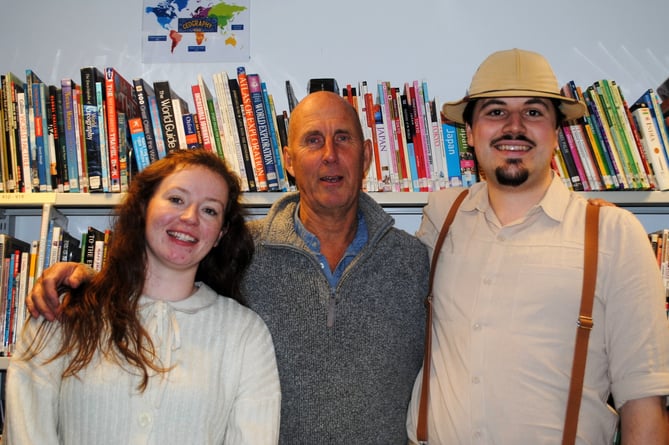 Alex Stewart who plays Jane the heroine, Jeff Sleeman, the producer, and Adam Kurton who plays 'The Book Guide' on set of 'Between the Lines' in Coombeshead Academy Library, Newton Abbot
