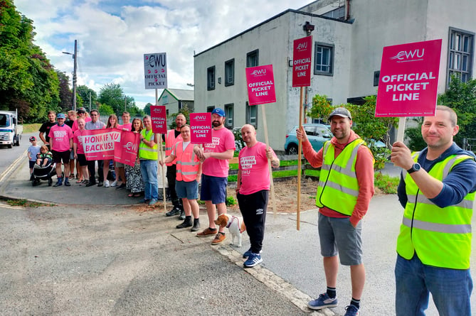 Striking Communication Workers Union members on Pixon lane, at the Tavistock BT Openreach exchange. Protest at below infltion pay rise