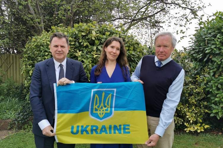 Mel Stride MP meeting with Devon for Ukraine Director Tanya Larsen, who lives in Silverton. They are joined by David Lowes, a Mid Devon resident who has welcomed refugees into his home through the government programme.
