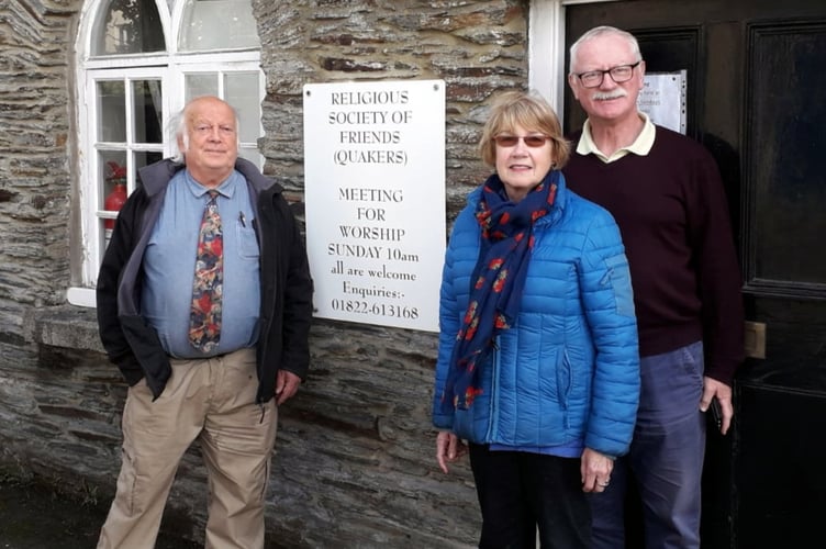 Tavistock Welcomes committee members Pete Squire, Catherine Carr and Simon Dell taken outside the Quaker metting House in Tavistock