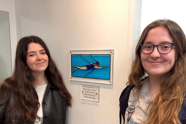 Stained glass plaque in memory of swimmer