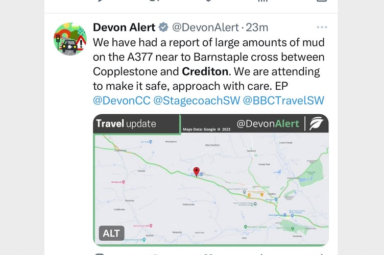 The travel alert issued by Devon County Council on Twitter.