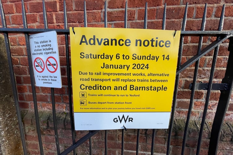 A notice about the works at Crediton Railway Station.  AQ 3196