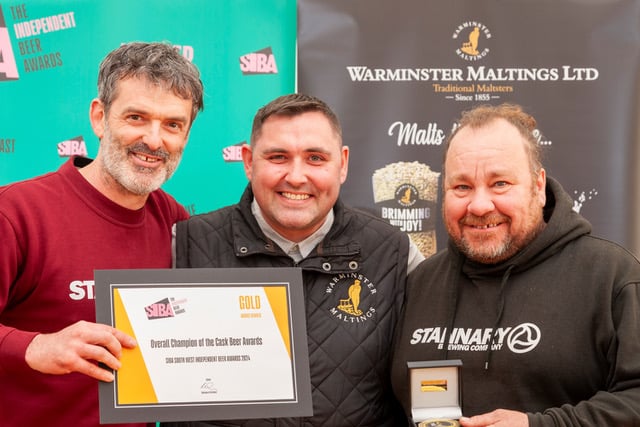 XX and Chris John, of Stannary Brewery Company,  with Neil Walker centre of Warminster Maltings.