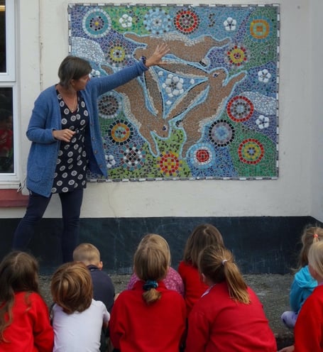 Spreyton School pupils have created a three hares mosaic to adorn their school