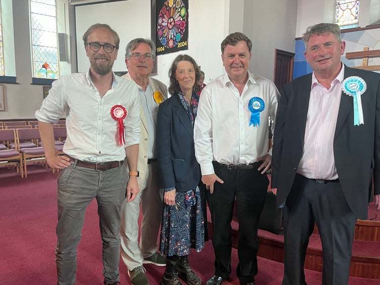 A well-attended hustings at Okehampton's Fairplace Church on Tuesday was attended by five out of six of the Central Devon constituency candidates. From left: Ollie Pearson (Labour); Mark Wooding (Lib Dem); Gill Westcott (Green); Mel Stride (Conservative) and Jeffrey Leeks (Reform UK). Unable to attend was Independent Arthur Price