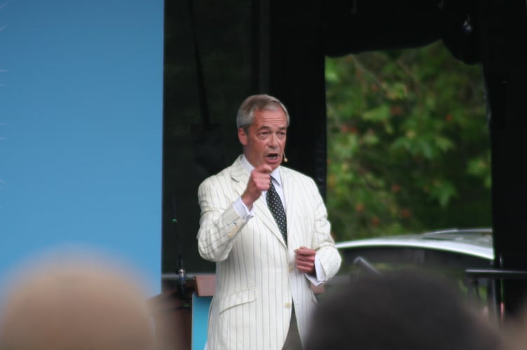 Nigel Farage speaking at Trago Mills, Newton Abbot, ahead of the July 4 general election