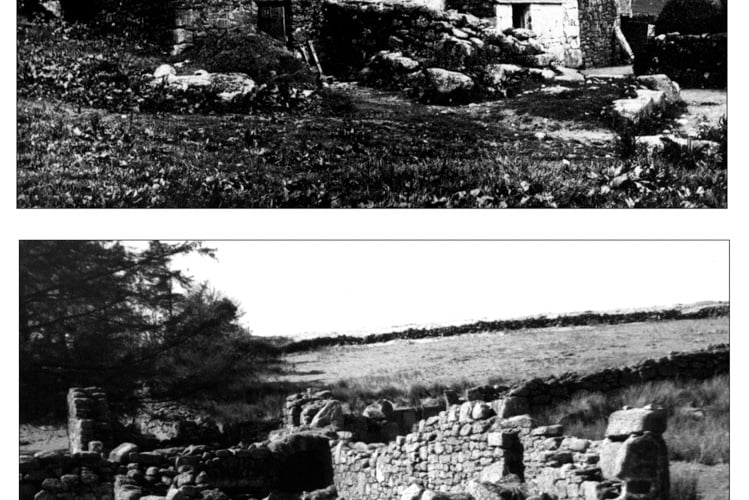 Photographs of Teignhead Farmhouse near Fernworthy Forest, 100 years apart, showing how its collapse - it is now a ruin visited by walkers and wild campers