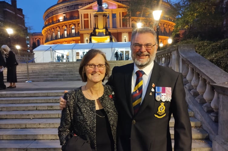 Tim and Alison Wharton of Okehampton Armed Forces Veterans Club before the Remembrance concert, outside the Albert Hall. Tim and Alison are both veterans. Tim served in the Royal Army Medical Corp (RAMC) and Alison in the Queen Alexandra Royal Army Nursing Corp (QARANC).