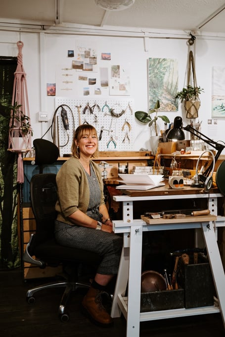 Corrinne Eira Evans in her studio & gallery Moon & Moor