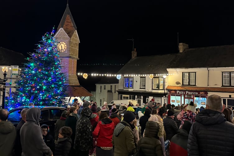 The leaning tree and part of the crowd in North Tawton Square after the lights were switched on. AQ 9560