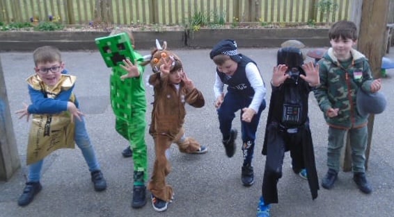 World Book Day at Whitchurch School with a Minecraft, Gruffalo and golden ticket character (from Charlie and the Chocolate factory).