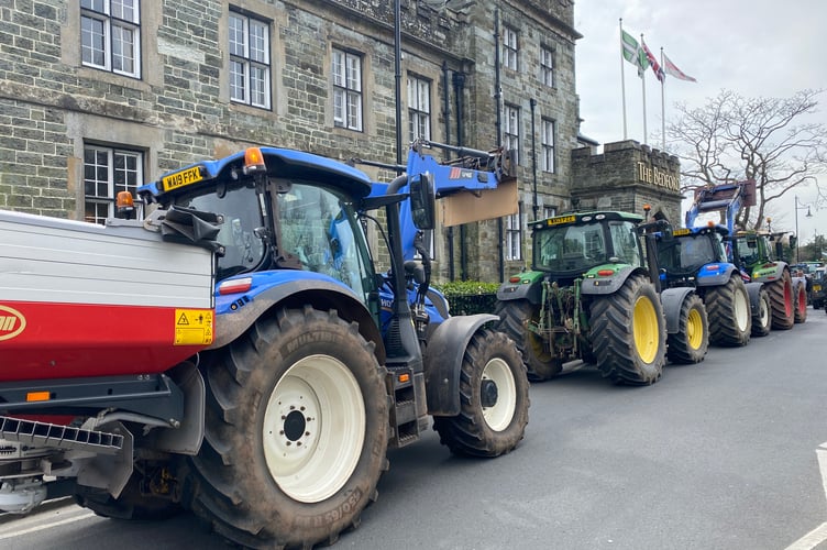 A tractor rally protest outside Tavistock's Bedford Hotel where a farming minister was meeting