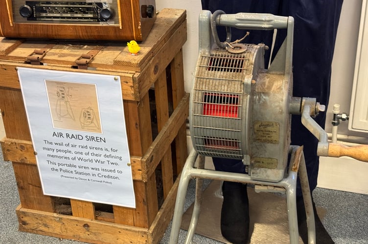 The portable Air Raid siren which was issued to the Police Station in Crediton during World War Two which can be seen at Crediton Museum.  AQ 8343
