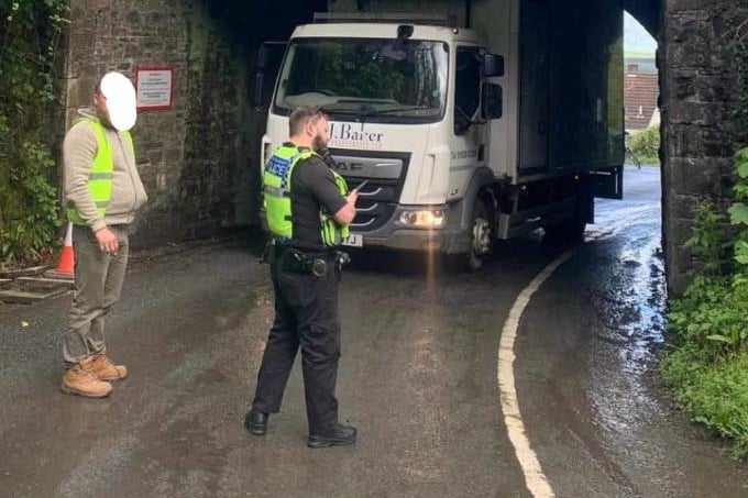 The lorry stuck under a bridge in Okehampton.