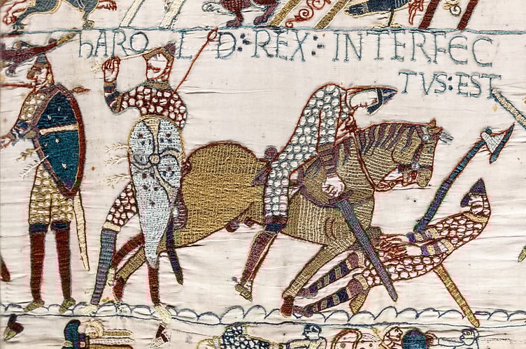 The creative artistry of embroiderers from the Tavistock area will be exhibited at Tavistock Library for four days from Monday (June 2). Inspiration for the original works comes from the famous Bayeux Tapestry which is depicted below. The historic tapestry shows King Harold's battlefield death. Picture by Myrabella.