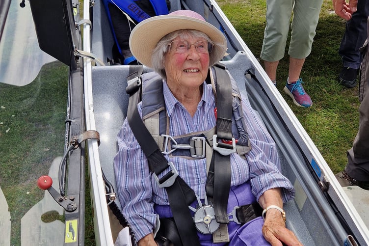 Flying high - veteran adventurer Joey Warren, 96, enjoyed her first ever gliding session in aid of her church. Picture by Wendy Castle.