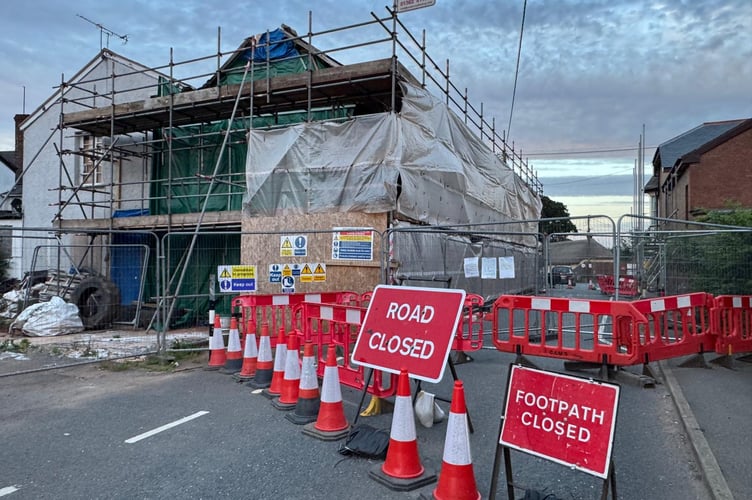 The road closure at The Cross Hotel in Copplestone