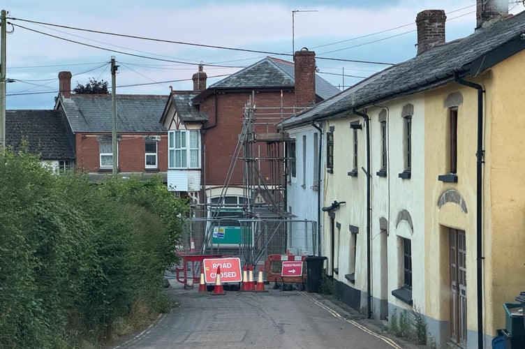 The road closure at The Cross Hotel in Copplestone