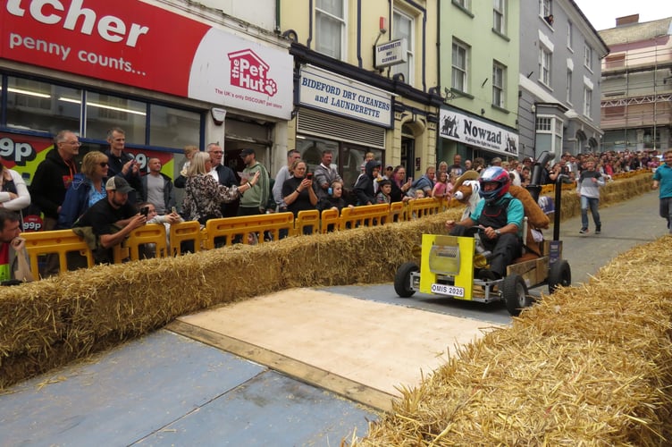 The Okehampton Men in Sheds soapbox travelling down Bideford high street. Picture: David Wyborn