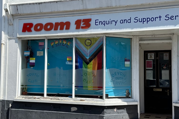 A rainbow flag on display at Room 13 for Okehampton Pride.  AQ 6464
