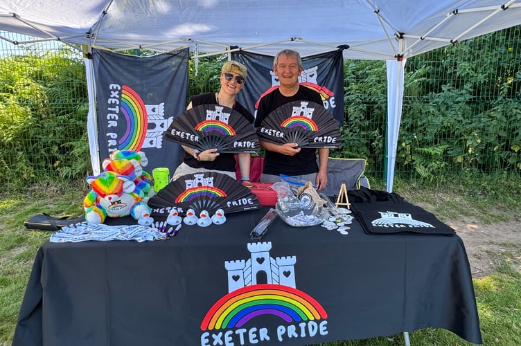 The Exeter Pride stall sold much-needed fans which kept people cool at Okehampton Pride.  AQ 6524
