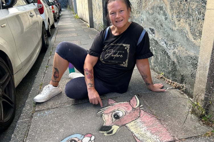 Helen Bowyer, the only grown up entering the competition, with her pavement art of Bambi and Thumper.