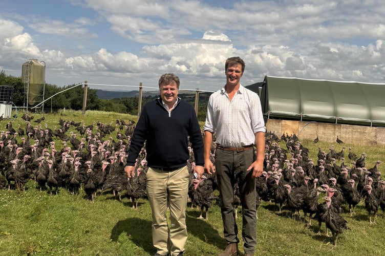 Poultry farmer John Malseed of Frenchbeer Farm at Chagford, with Central Devon MP Mel Stride on a visit to discuss challenges facing farmers.