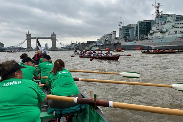 All but one of the Cotehele 'Lowen' crew of recreational rowers took on the mammoth task of rowing the Thames for the first time this year.