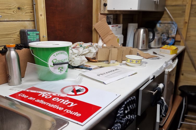 Vandals struck at Tavistock Sensory Garden, scattering damaging the shed which houses the kitchen and store and throwing items around the inside. Pictured is rubbish and property strewed around in the kitchen.