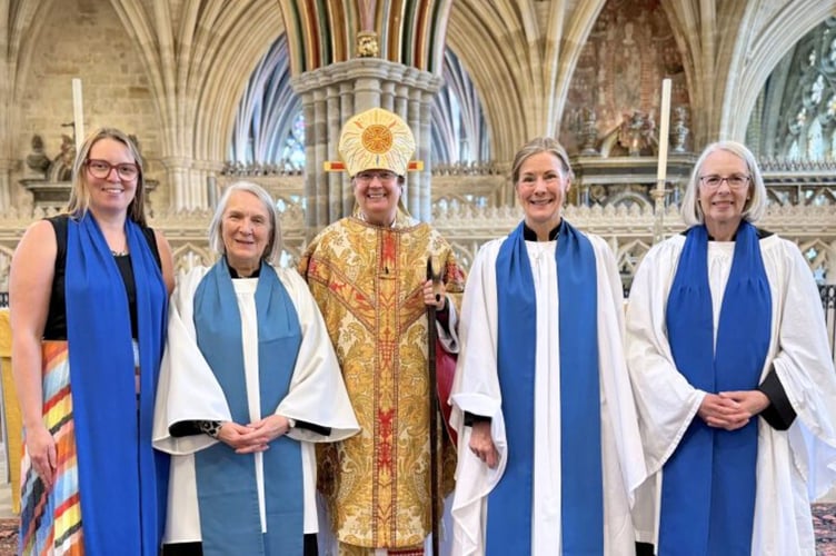 New LLMs Christina Shields, Rosalind Pugsley, Elizabeth Bevan and Liz Dunbar with Bishop of Crediton Moira Astin