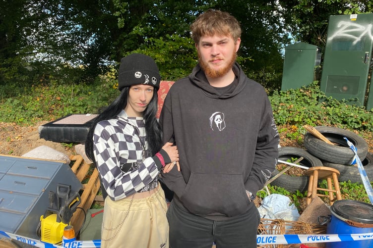 Harley Carpenter, left, pictured with partner Bruce Allen, freed a pony trapped in a dumped settee on Plasterdown, Whitchurch.