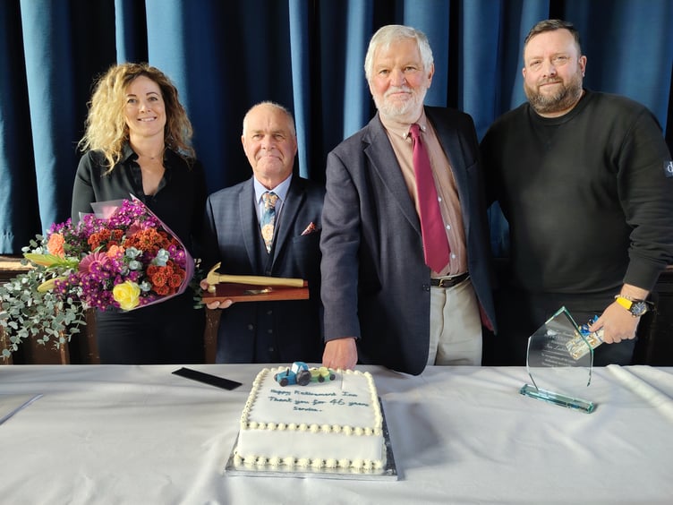 Pictured at workman Ian Lashbrook's retirement do at Tavistock Town Council are, from left, works manager Becky Rowe, Ian, town mayor Steve Hipsey and council general manager Wayne Southall.
