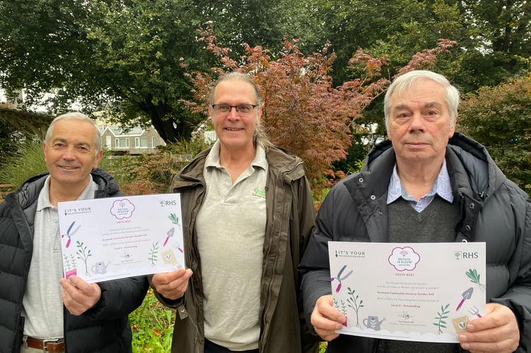 Tavistock Sensory Garden has scooped a top award from the Royal Horticultural Society. Pictured are Richard Jones (chair), Smith (head gardener) and Harry Smith (trustee) with the ‘outstanding certificate’.