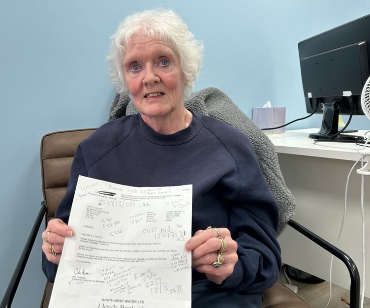 Gill Wyatt of Bere Alston with the letter from South West Water sending a refund cheque from her late husband. Despite numerous calls and letters she has still not obtained a refund cheque from SWW in her own name.