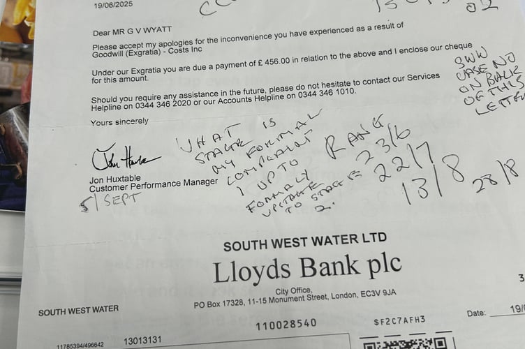 The cheque sent to Gill Wyatt from South West Water, addressed to her late husband.