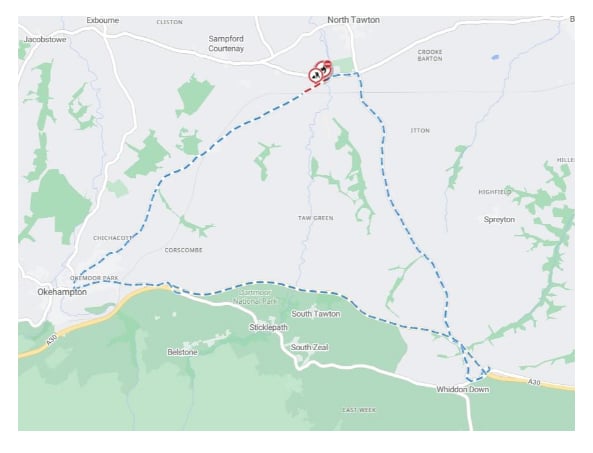 The alternative route to avoid the B3215 Bow to Okehampton road closure