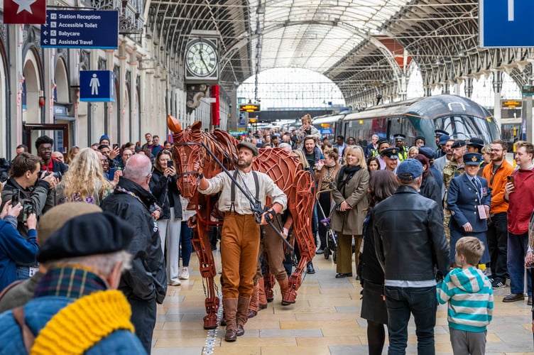 Commuters stopped to watch Joey walk along the platform.