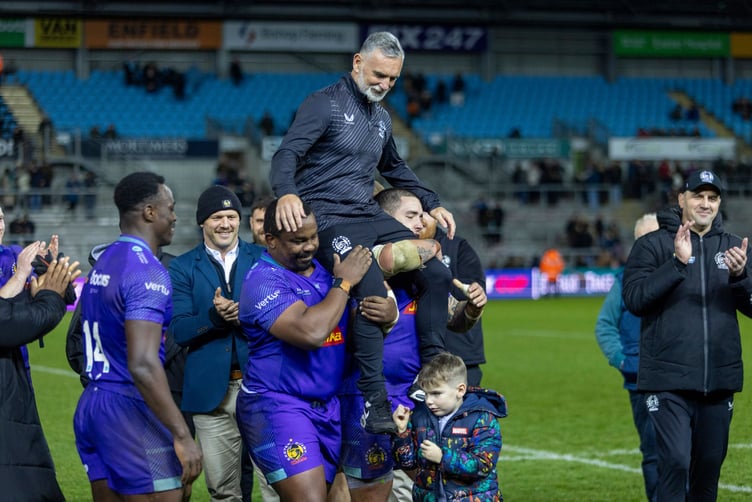 Ricky Pellow is carried from the field at Sandy Park following his final game as a coach with the Exeter Chiefs