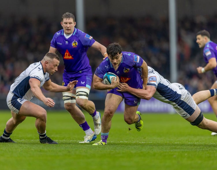 Exeter Chiefs hooker Louie Gulley looks to find a way through the Bristol Bears defence during Saturday's Premiership Rugby Cup clash