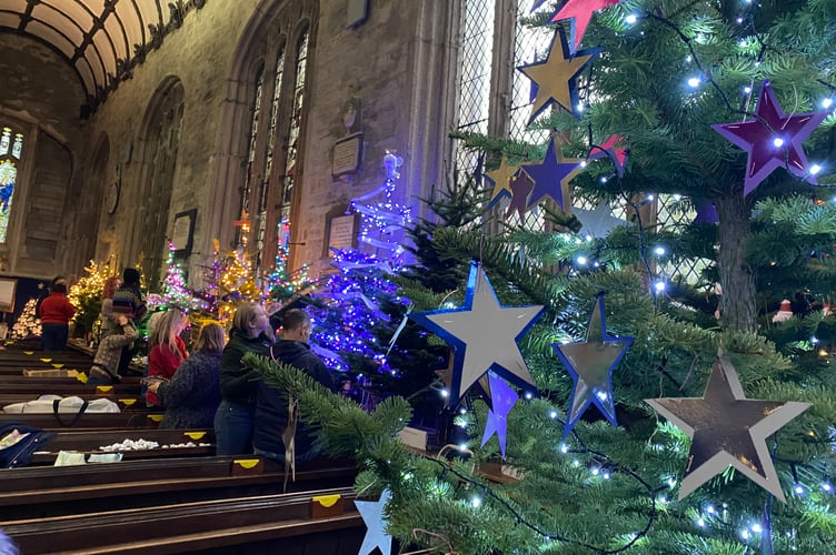 Tavistock Christmas Tree Festival lighting up.