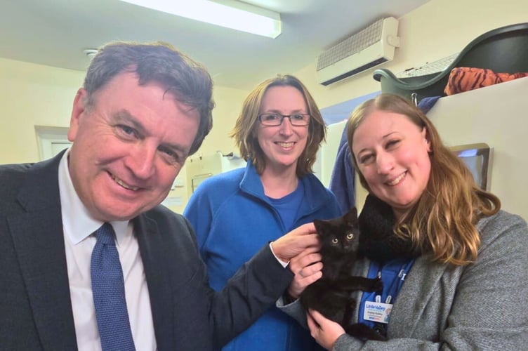 From left, Sir Mel Stride, Jo Blake and Hayley Hukku of RSPCA Devon Little Valley Animal Shelter
