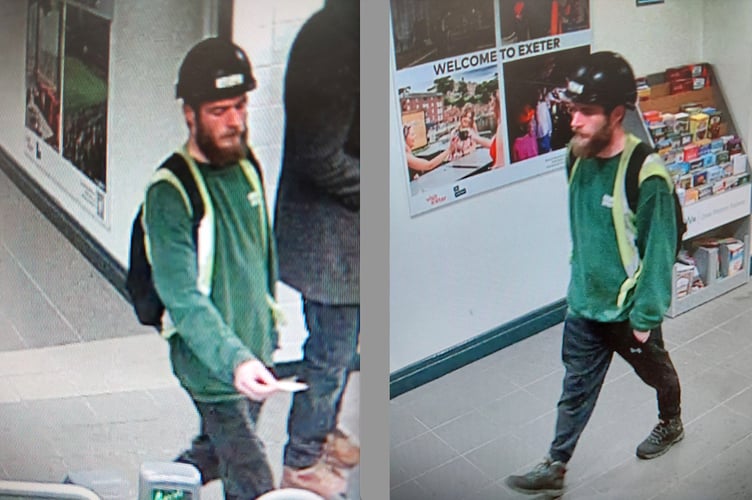 CCTV images of the man wanted in connection with a hate crime on a train between Exeter and Crediton.
