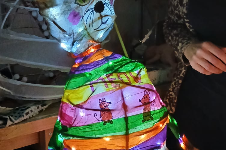 A stripy bear lantern made at workshops for the Tavistock Dickensian Evening parade. The sessions were held by West Devon Community Art Workshops.