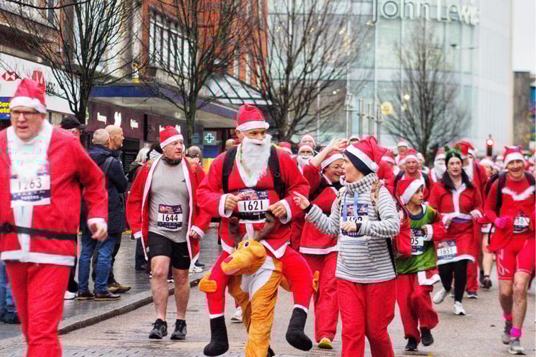 During the Santa Run in Exeter city centre