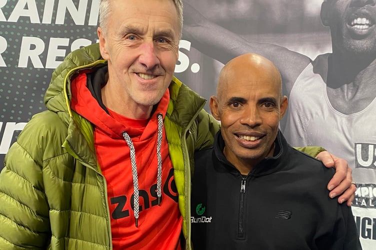 Running coach and Dartmoor Marathan director Dave Chanter is pictured with Olympic marathon silver medalist, retired US runner ‘Meb’ Keflezighi, at the Running Show promoting the 2026 event.
