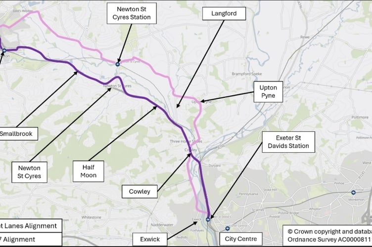 A map of the proposed route of the Boniface Trail between Crediton and Exeter.
