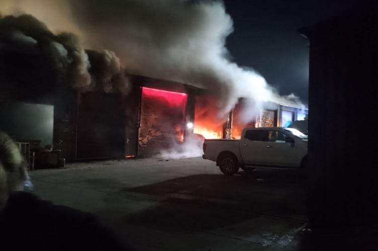 The business/commercial units on fire at Serstone near Zeal Monachorum. Image courtesy of Rosie Boult.
